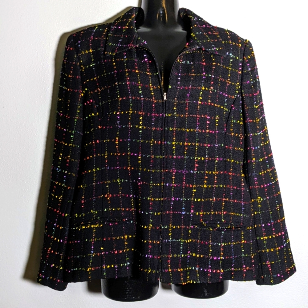 Rainbow Plaid Zip Up Blazer Jacket Sag Harbor Women's 12P Petite